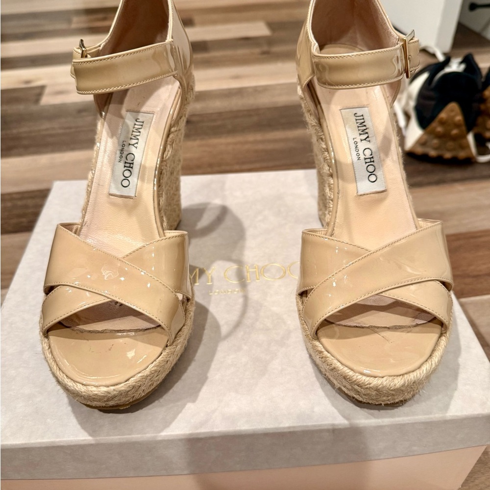 Jimmy Choo Nude Patent Espadrille Wedge Sandals